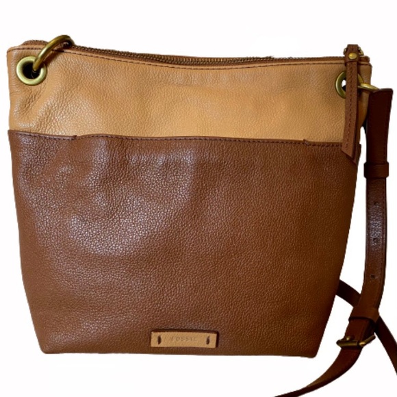 Fossil Handbags - Fossil Two-Tone Brown Leather Crossbody Keely Bucket Bag Purse